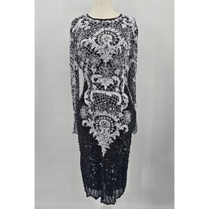 Vintage SWEELO Women's Size S 6/8 Black and White Silk Beaded Formal Dress